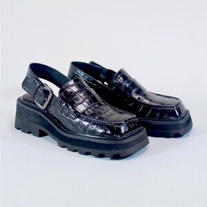 Intentionally Blank Black Squared Toe Croc Embossed Loafers with Buckle